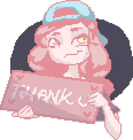 A pixel-art character holding a thank-you sign